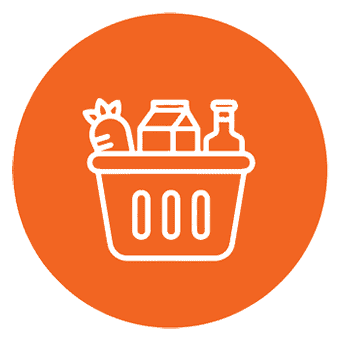 White outline of a grocery basket filled with a carrot, a carton, and a bottle, centered on an orange circular background.