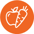 White outline drawing of an apple and a carrot on an orange circular background.