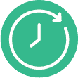 Green circular icon of a clock with an arrow curving around its top right, indicating the concept of time, history, or refresh.