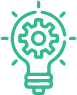 Green outline icon of a light bulb with a gear inside, symbolizing innovation, ideas, or technical solutions. Lines around the bulb suggest light or inspiration.