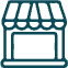Simple icon of a storefront with a striped awning above a large window or door, drawn in dark teal lines on a white background.