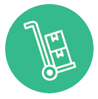 White outline of a hand truck carrying two stacked boxes, centered on a green circular background.