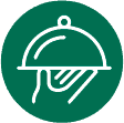 White line drawing of a hand holding a covered serving tray, inside a green circle. The image suggests food service or catering.
