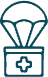 A simple line drawing of a parachute carrying a box with a medical cross symbol, representing medical supplies being delivered by air.