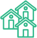 Three simple, green, outlined house icons are arranged closely together, symbolizing a community or neighborhood.