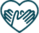 A heart-shaped outline with two hands inside, palms facing inward and fingers spread, symbolizing care, support, or compassion.