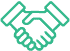 Green outline icon of two hands shaking, symbolizing agreement, partnership, or cooperation.