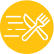 A yellow circle with a white fork and knife crossed in the center and three horizontal lines on the left, suggesting fast food or food delivery.