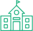 Simple green line drawing of a school building with a flag on top, two windows on each side, and a central door.