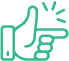 A green line drawing of a hand making a finger gun gesture, with lines near the extended index finger suggesting a snap or pointing motion.