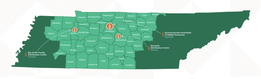 Map of Tennessee highlighting multiple counties and marking locations of the Kay Smith Family Distribution Center in Camden, Second Harvest Food Bank of Middle Tennessee in Nashville, and Neocate Distribution Center in Smyrna.