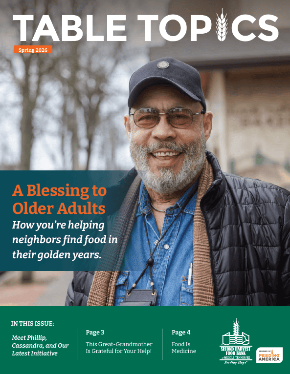A smiling older man wearing glasses, a cap, and a plaid shirt stands outdoors. Text reads: A Blessing to Older Adults: How youre helping neighbors find food in their golden years. The cover is for Table Topics Spring 2026.