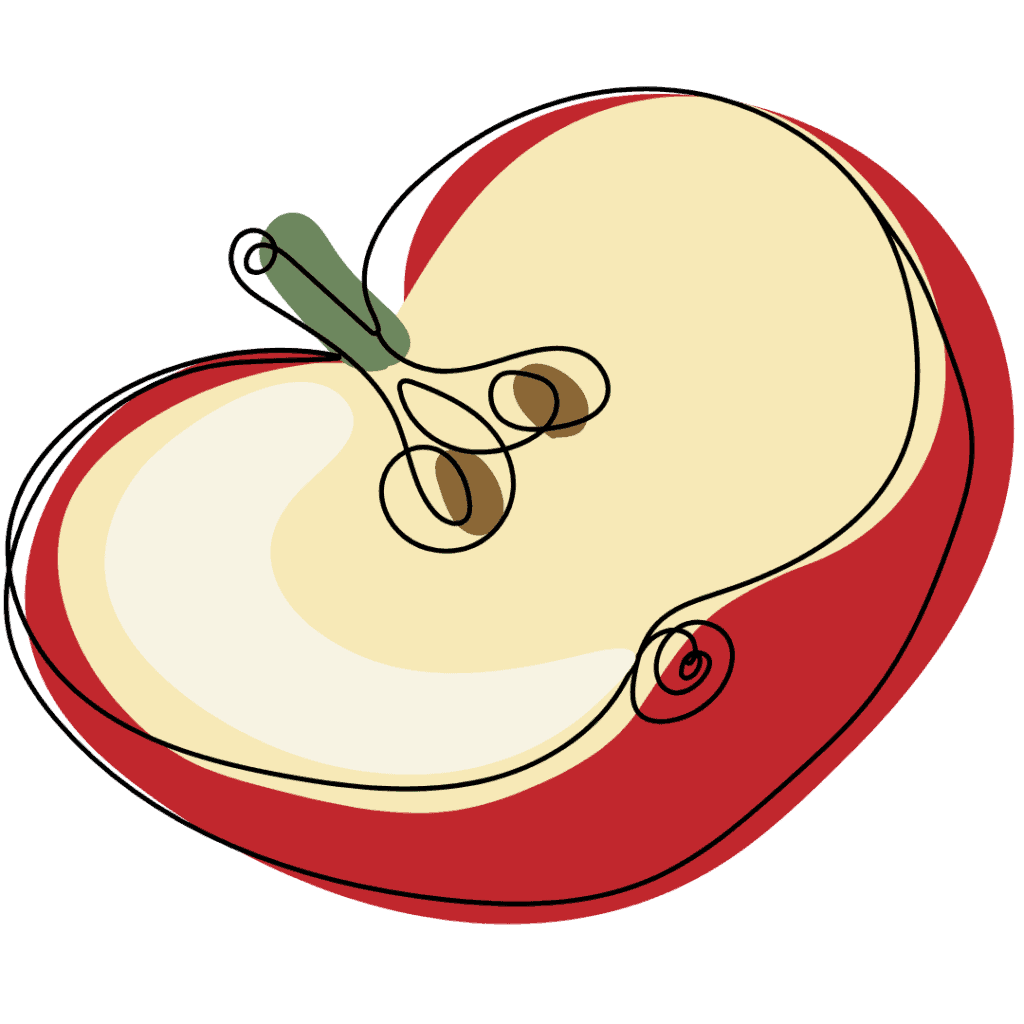 A minimalist, abstract illustration of a red apple half with visible seeds and a green stem, outlined in black continuous lines against a light background.