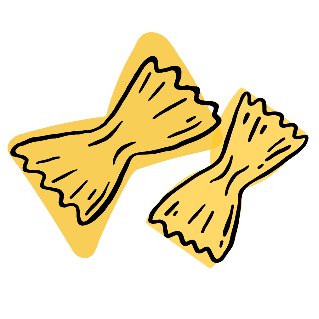 Illustration of two pieces of bowtie-shaped pasta (farfalle) with yellow coloring and black outline details, placed on a white background.
