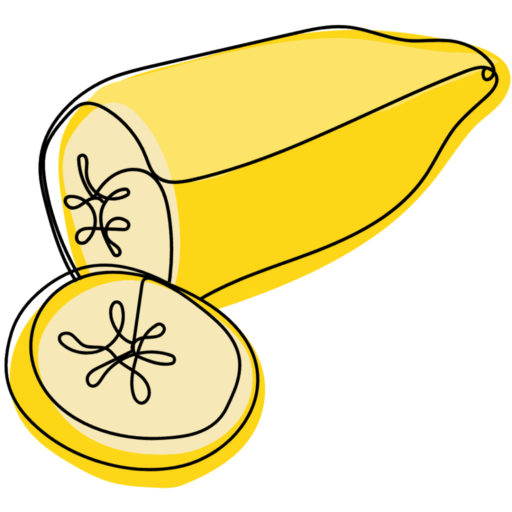 A simple line drawing of a yellow banana with one end sliced off, revealing the inside and a cross-section with stylized seeds.