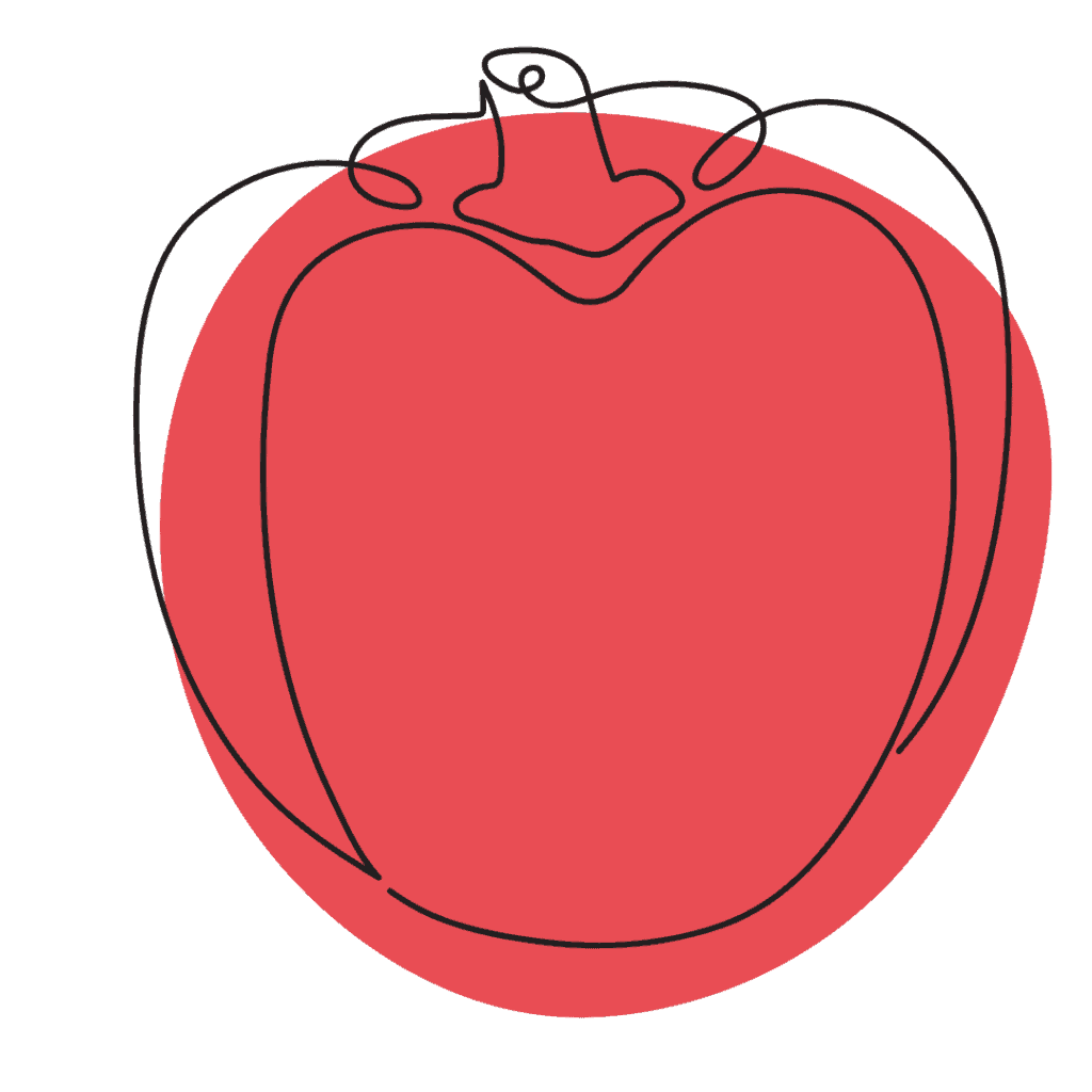 A minimalist line drawing of a bell pepper outlined in black, over a solid red, roughly oval background.