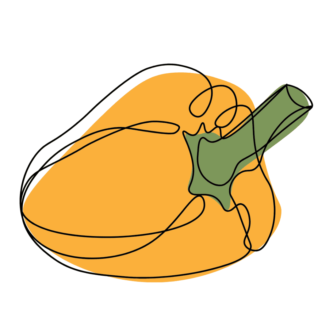 A minimalist line drawing of a yellow bell pepper with a green stem, featuring simple, flowing black lines and flat color fills on a white background.