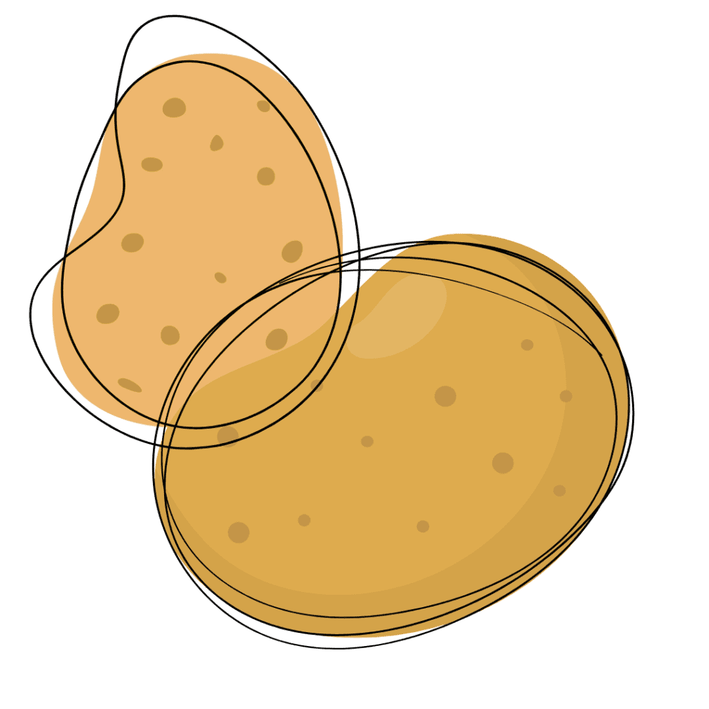 Two brown potatoes with small dark spots, illustrated in a simple, stylized manner with overlapping black sketch lines and minimal detail on a white background.