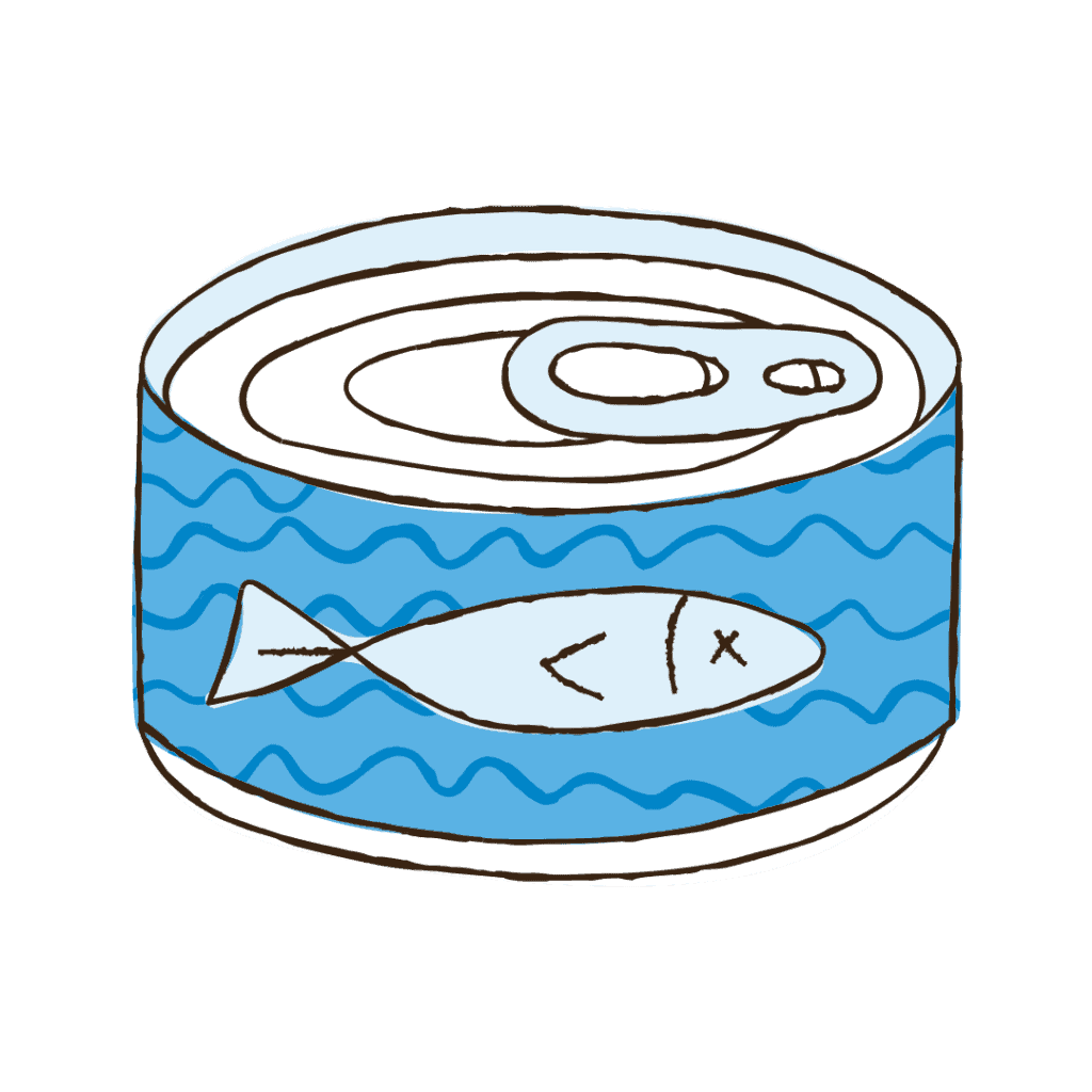 A simple drawing of a tin can with a pull-tab lid, decorated with blue wavy lines and an illustration of a fish on the front.