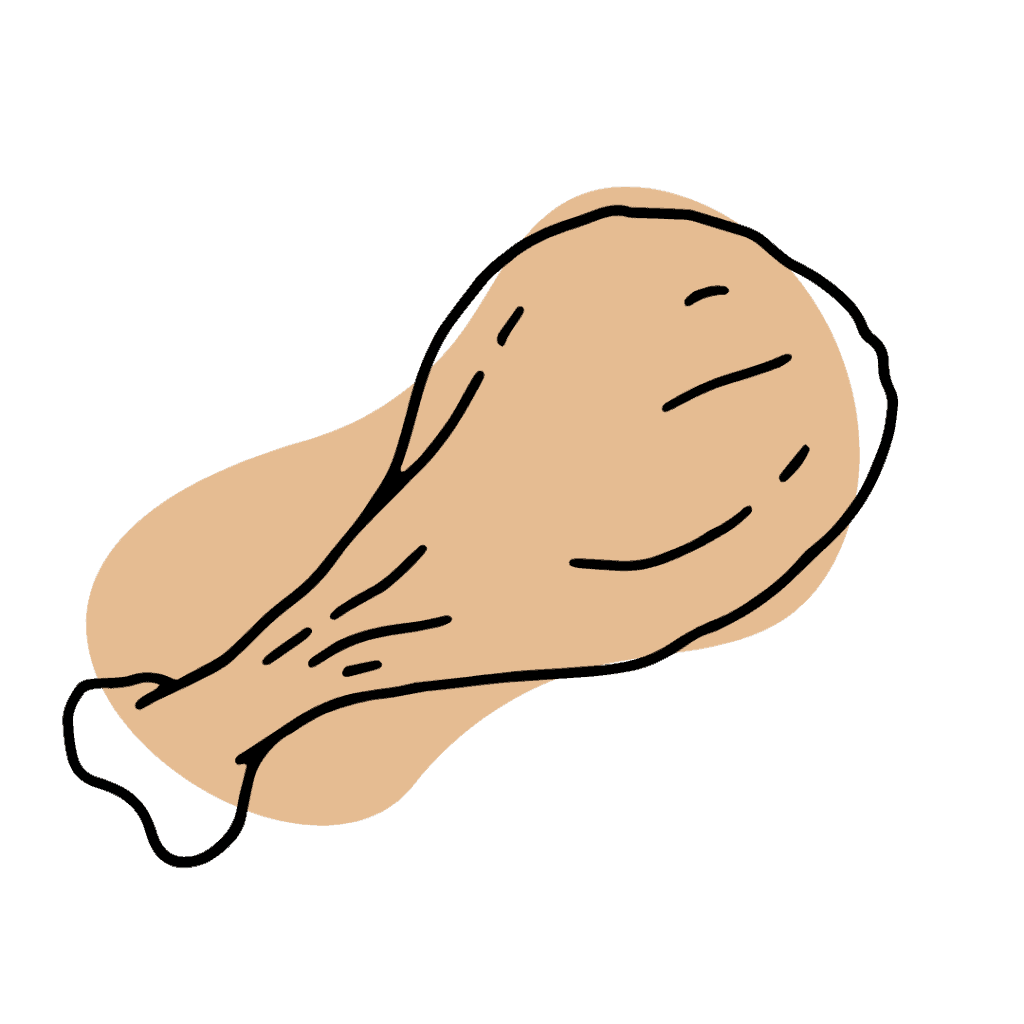 Simple line drawing of a cooked chicken drumstick with a bone, colored in light brown, on a white background.