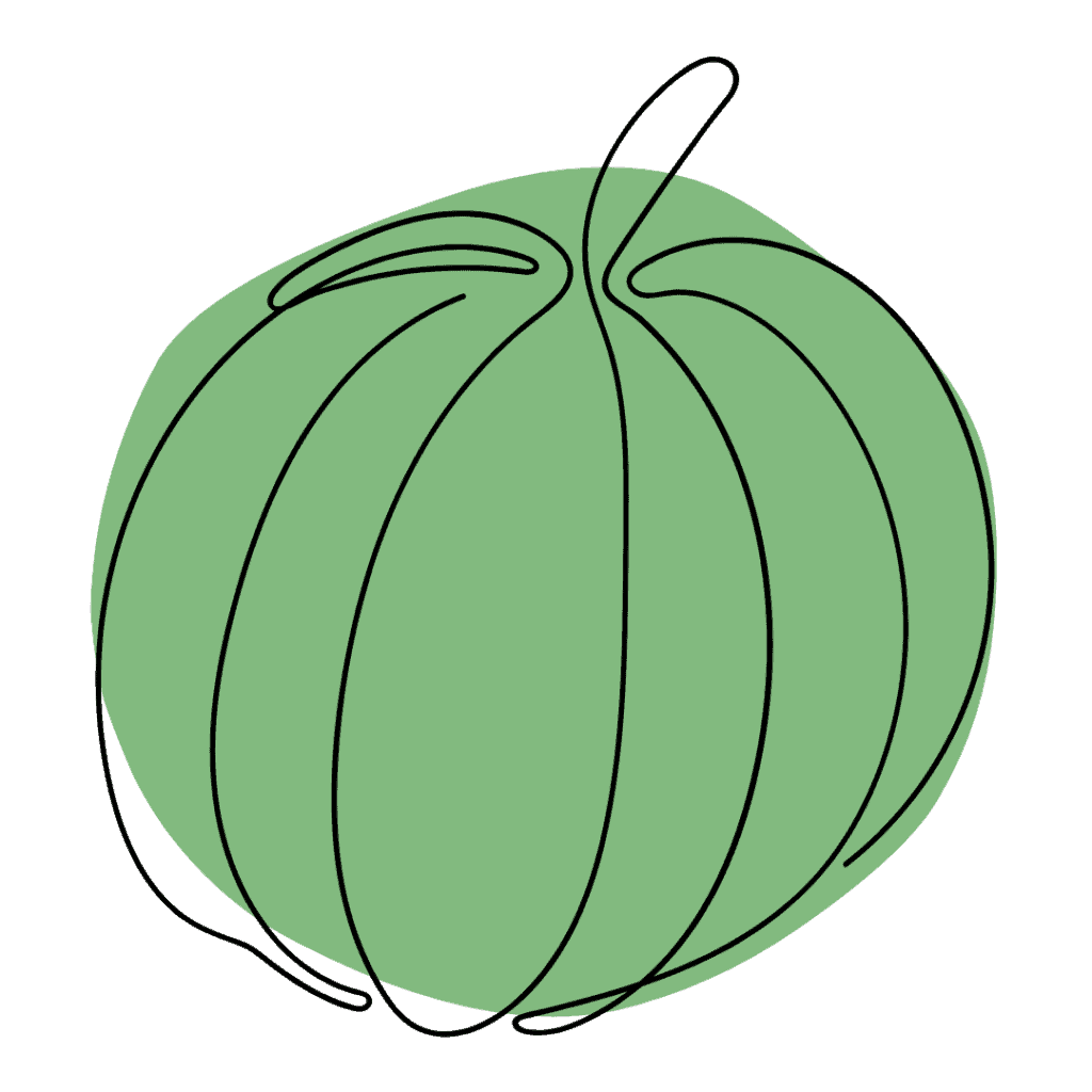 A simple line drawing of a pumpkin with a single continuous black outline over a flat green shape, set against a light background.