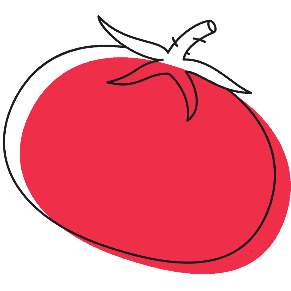 A simple illustration of a red tomato with a green stem, outlined in black. The drawing has a minimalistic and stylized design with a white background.