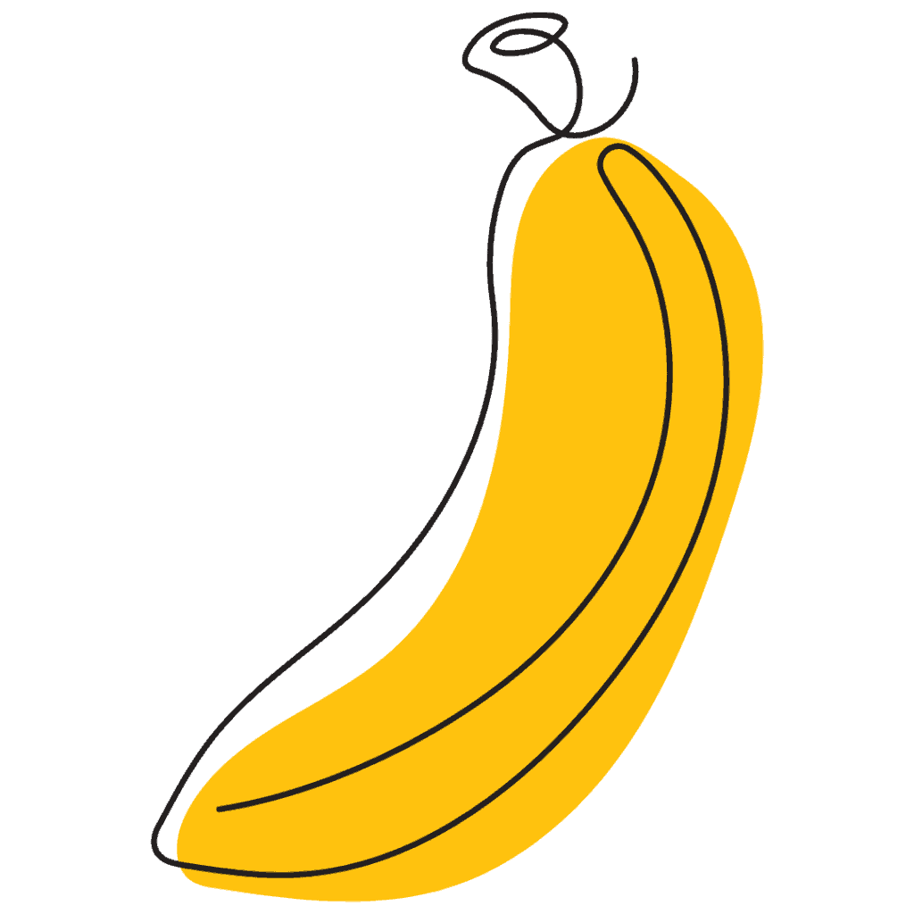 A simple line drawing of a banana, colored yellow with black outlines, on a white background.