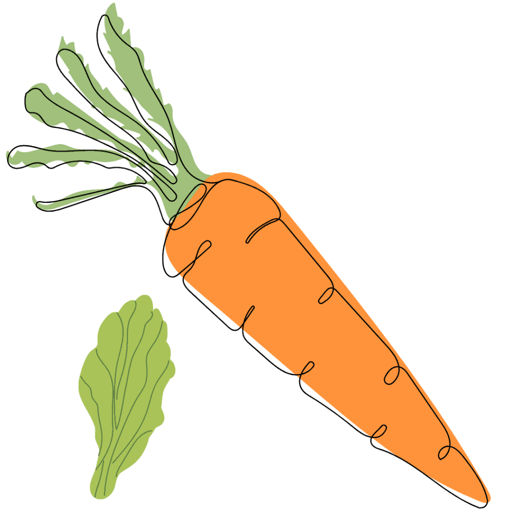 A simple line drawing of an orange carrot with green leaves, next to a separate small green leaf, all outlined in black on a white background.