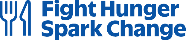 Blue text reads Fight Hunger Spark Change next to a blue outline of a fork and spoon arranged side by side, with the spoon resembling a flame. The background is light gray.