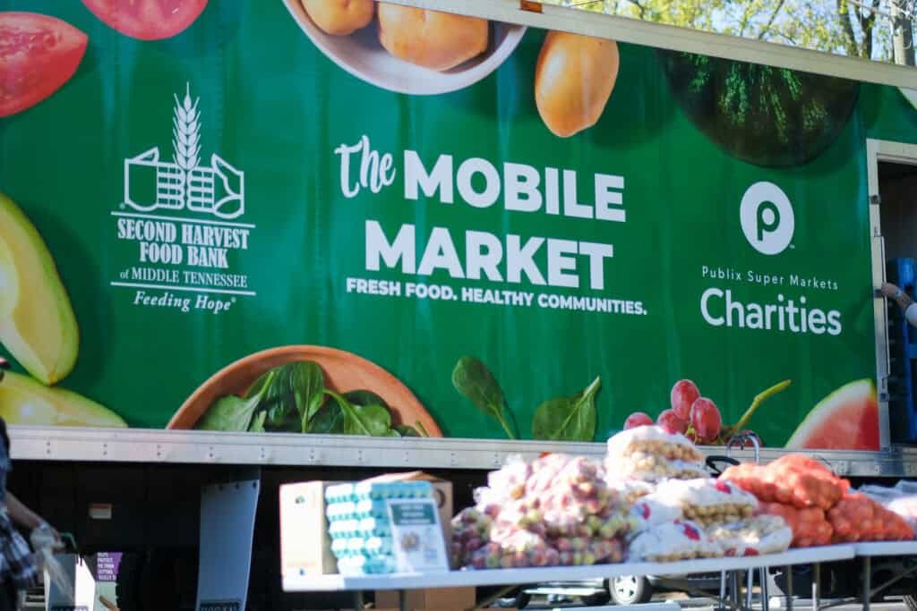 Second Harvest Food Bank of Middle Tennessee Mobile Market truck distributing fresh produce and groceries to support hunger relief in Middle Tennessee.