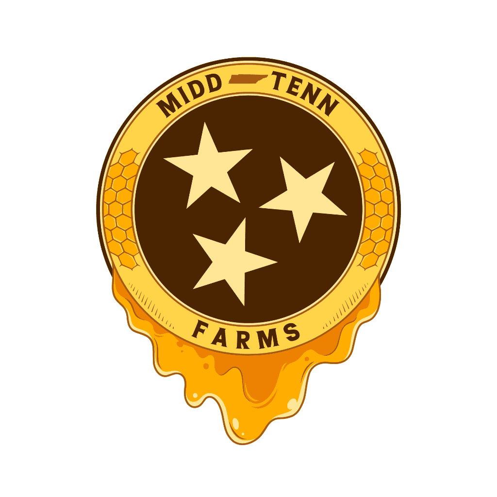 A circular logo with three white stars on a brown background, bordered in gold with honeycomb patterns, and the words “MIDD TENN FARMS.” Honey drips from the bottom of the logo.